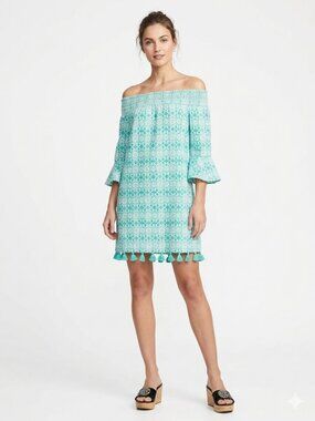 Cabana Life Dress Size Large Teal White Geometric Print Off The Shoulder Tassel